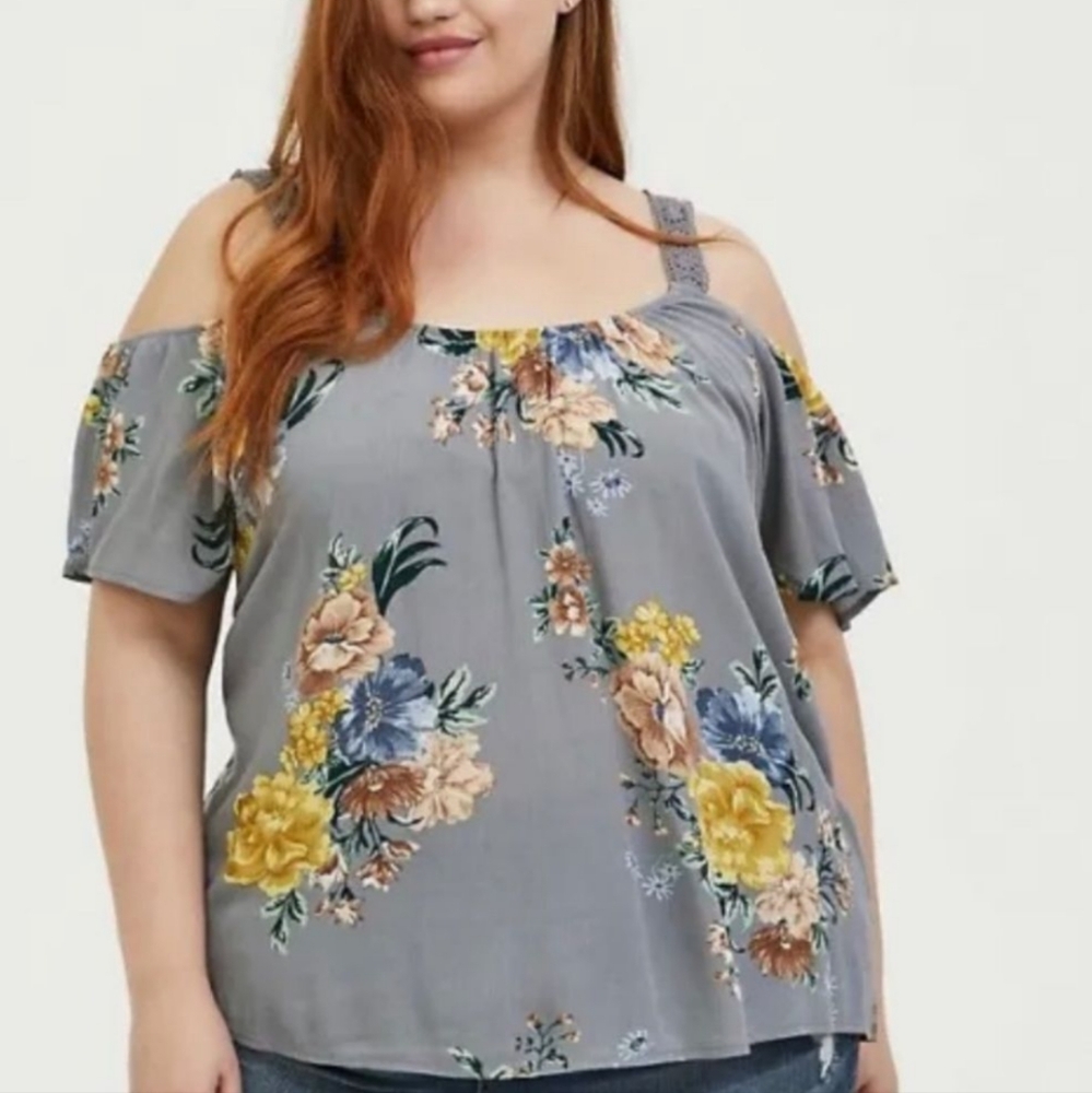 Torrid Gray Floral Off the Shoulder Gauze Blouse Size 4X 26W Like New!